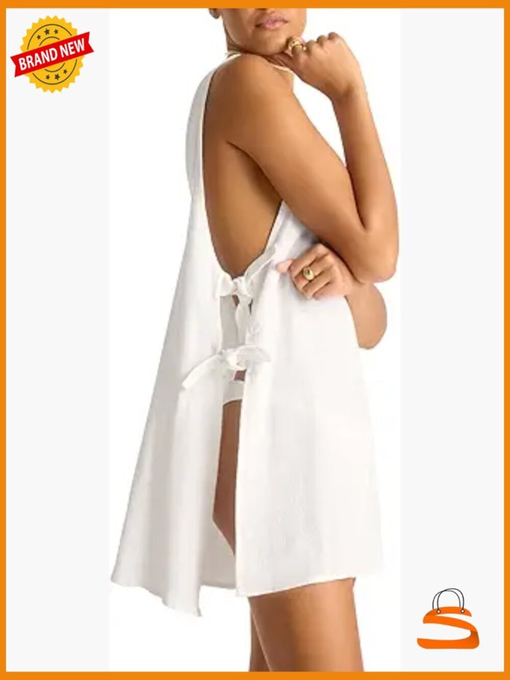 Linen Mini Dress Cover Up Scoop Neck Open Side Details Sleeveless White